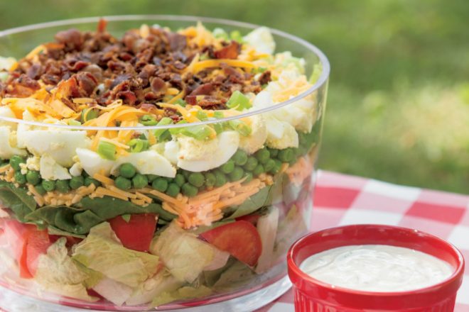Seven Layer Salad with Greek Ranch Dressing